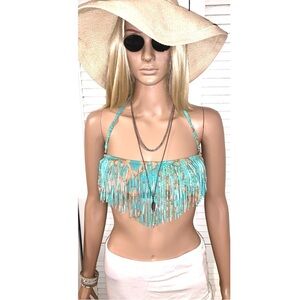Despite Fringe Bikini Top in Turquoise and Tan